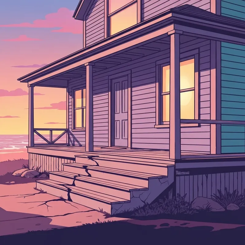 The Epicenter of Forever book cover style showing a coastal home at sunset representing emotional healing and fractured family ties.