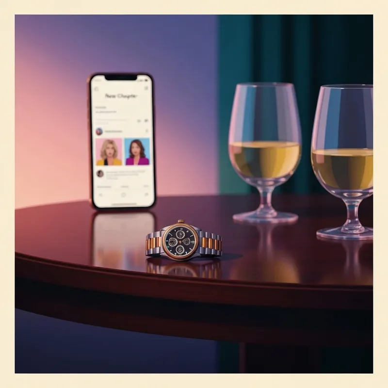 The iconic mystery man Instagram story from the Soft Launch novel featuring Julian's luxury watch and wine glasses.