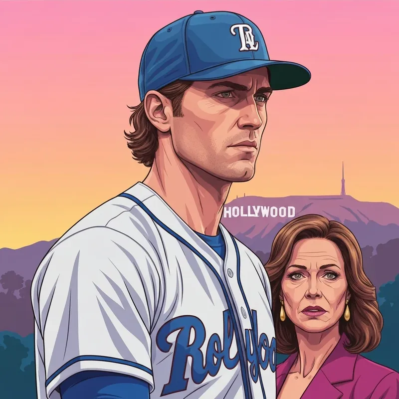 A professional baseball player in a Dodgers uniform standing stoically in front of the Hollywood sign.