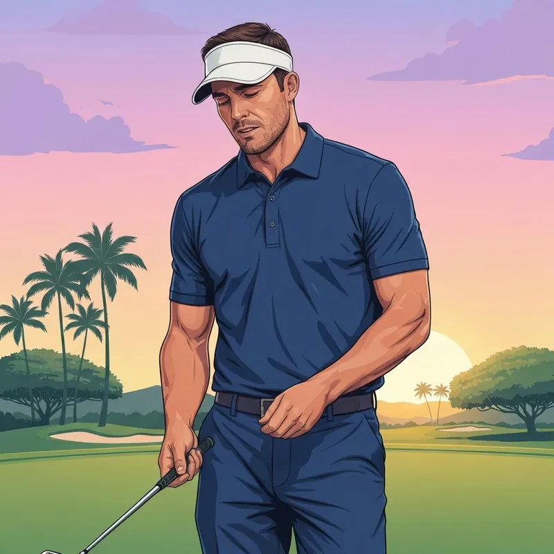 A professional golfer on the pga tour looking contemplative on a lush green course during the Sony Open.