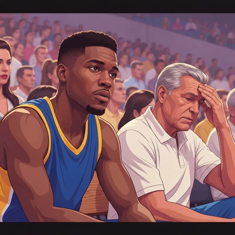 A young athletic basketball player Jonathan Kuminga in a blue and gold jersey looking determined on the court.