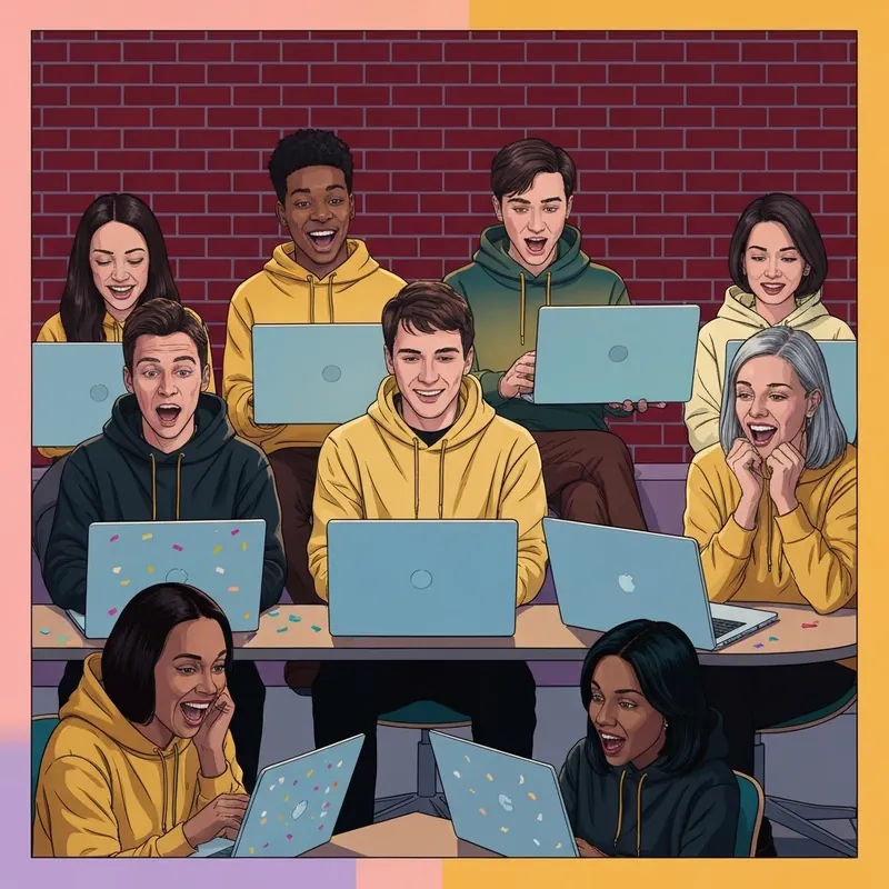 A group of Gen Z students wearing Purdue University gold and black apparel celebrating their admission decisions.