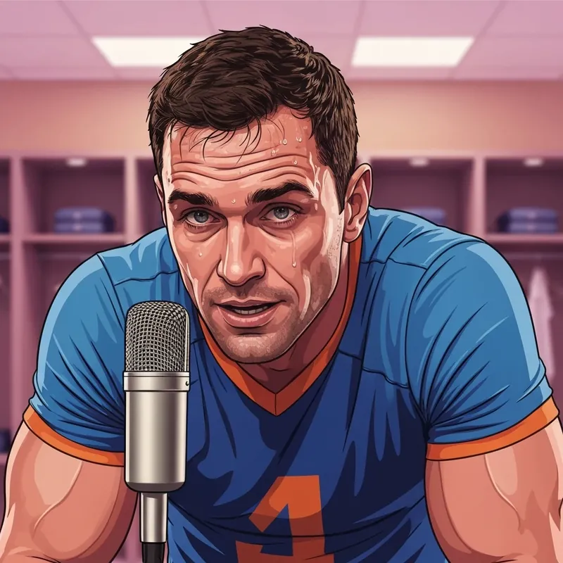 A sincere male basketball player like Josh Hart during an intense press conference taking accountability for a game.