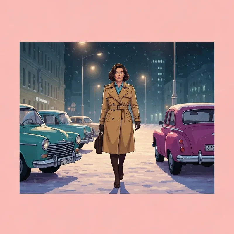 A woman in a 1970s trench coat looking mysterious on a snowy street, representing a new show to watch