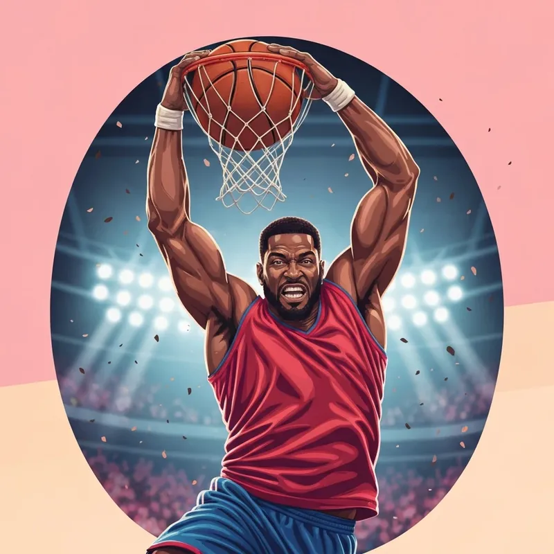 A high-intensity basketball player performing a powerful slam dunk in a cinematic arena setting.