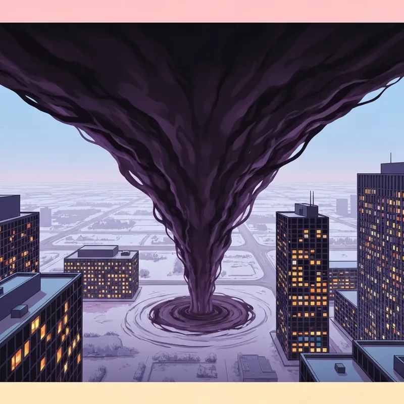 A dramatic visualization of the Polar Vortex arctic blast descending over a frost-covered landscape.