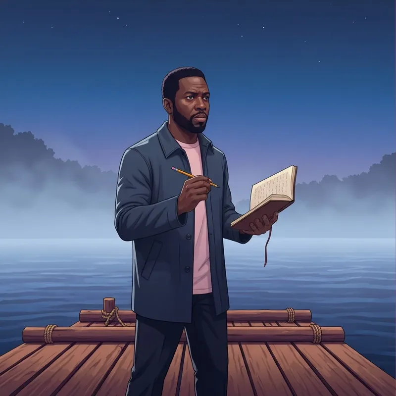 A scholarly James holding a notebook on a raft in the Mississippi River, symbolizing the intellectual depth of the novel James.