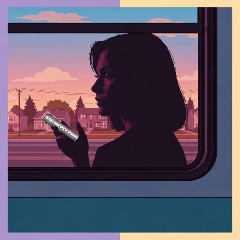 A woman looking out a train window at a blurred suburban landscape, reflecting The Girl on the Train themes of mystery and surveillance.