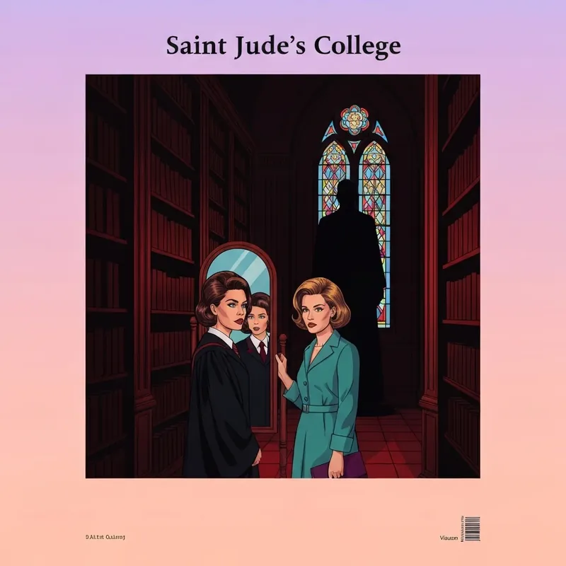 An Education in Malice aesthetic featuring two gothic students in a 1960s college library setting with vampire themes.