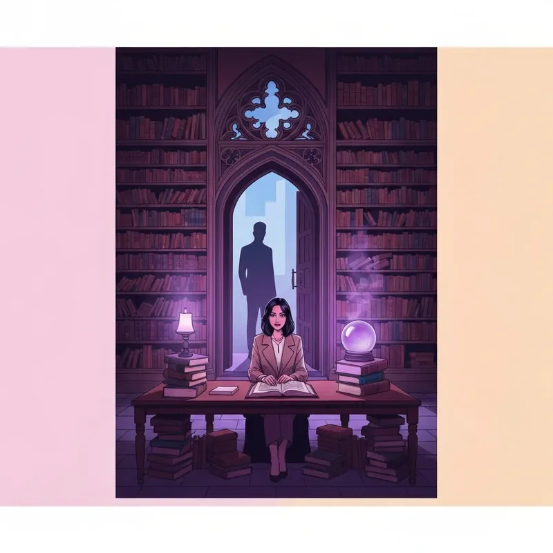 Aurelia Schwartz studying magic in a dark Cambridge library, a key scene from the Modern Divination book.