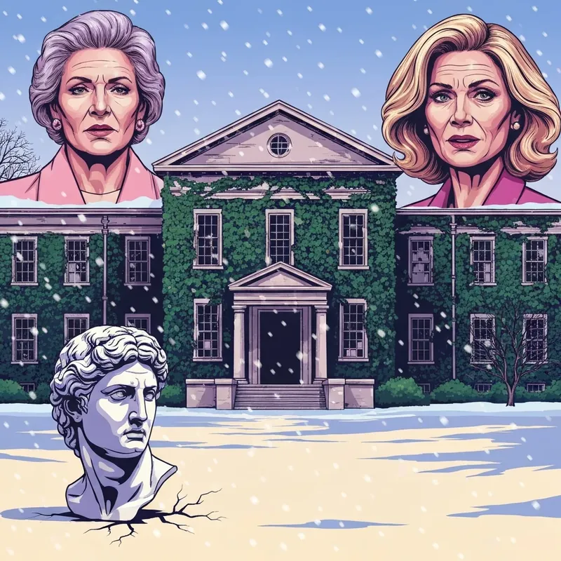 A dark academia aesthetic scene depicting the themes of The Secret History with a cracked Greek bust in the snow.