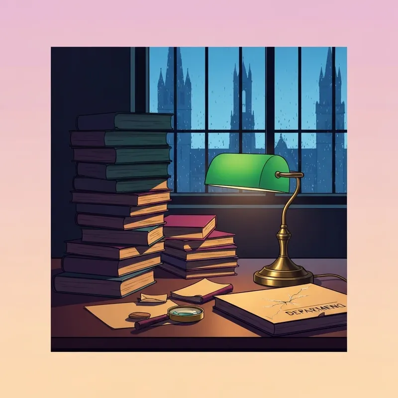A moody dark academia scene for the book The Department featuring a cluttered professor's desk and gothic architecture.
