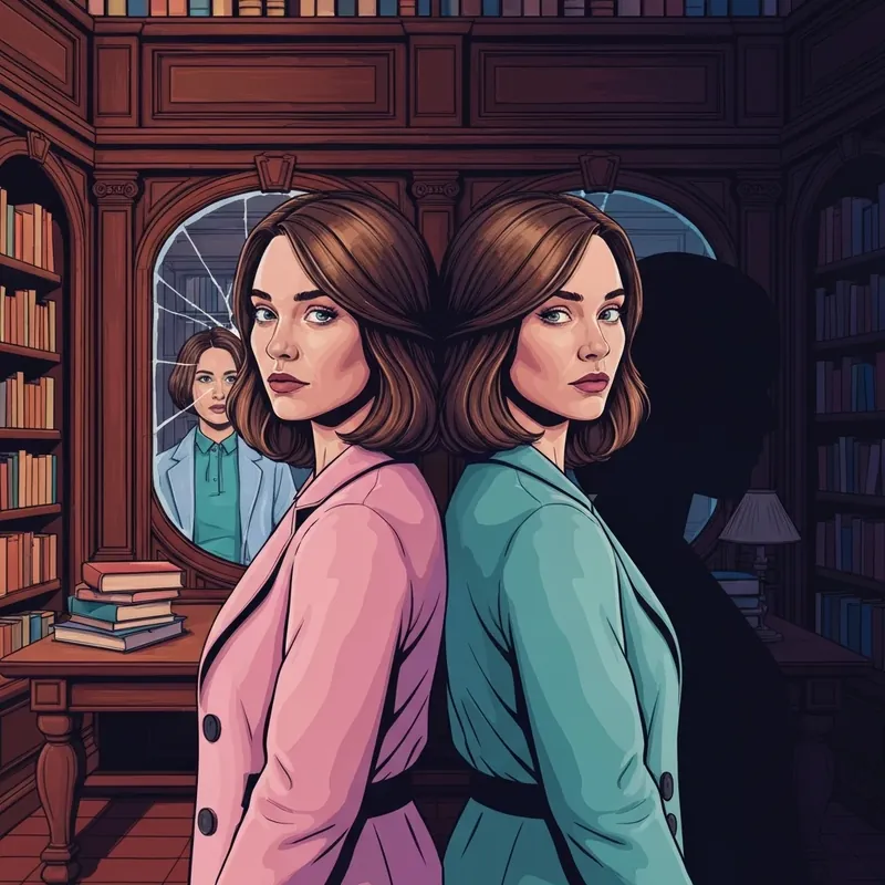 The Girl You Know book analysis visual showing identical twins in a dark academia library setting reflecting the mystery of the ending.