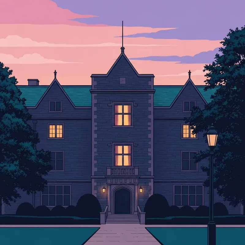 When We Were Silent: A moody shot of Highfield Manor at night with a single lit window.