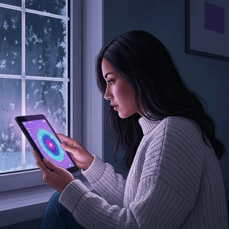 A woman checking the noaa weather forecast during a heavy winter storm.