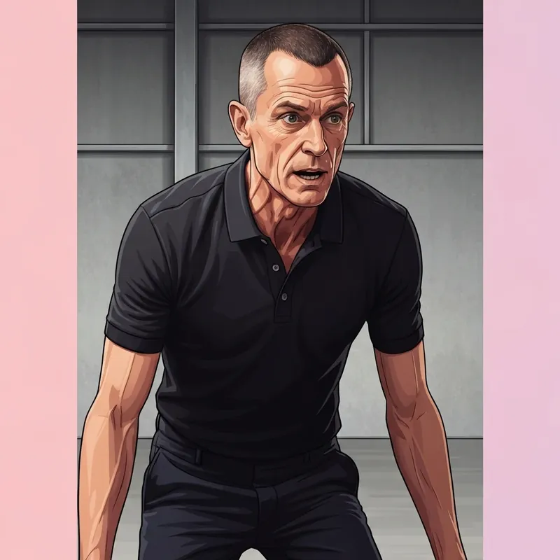 A sharp-featured British man with short cropped hair in a dark polo shirt, leaning into a microphone, representing the intensity of Jason Williamson.