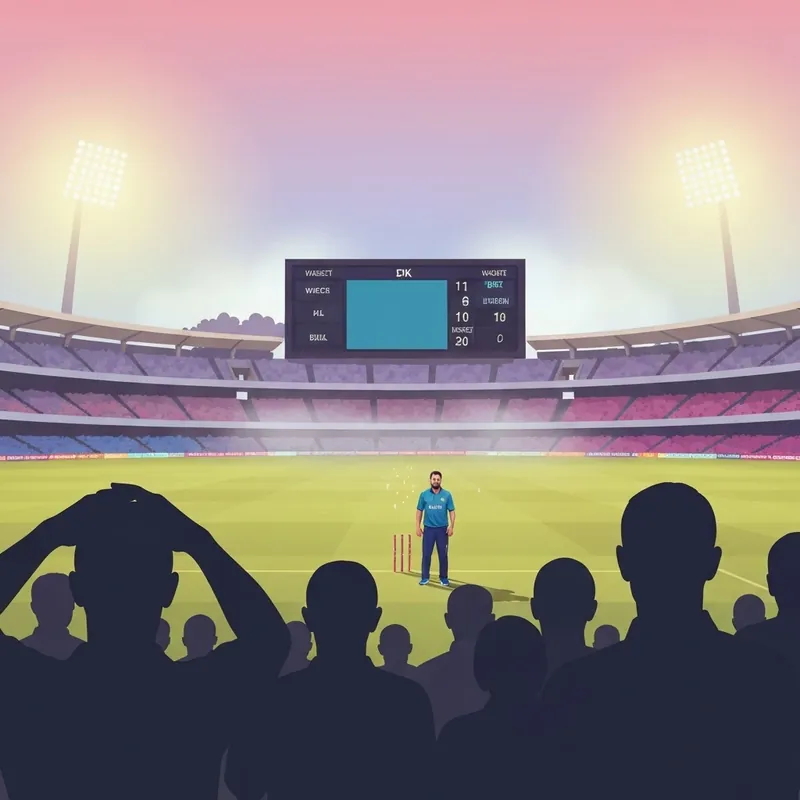 The india national cricket team vs new zealand national cricket team match scorecard displayed on a giant stadium screen during a batting collapse.