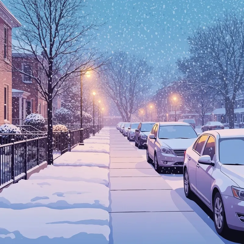 A cinematic view of fresh white snow falling on an urban street with glowing streetlights during a rare winter storm.