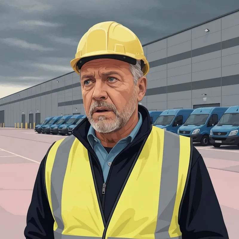A concerned warehouse worker in a high-visibility vest standing outside a large distribution center during a Victorian disease scare.