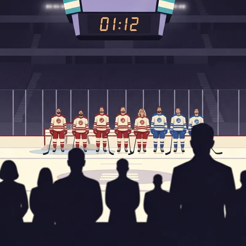 A wide shot of a hockey arena during the match rocket laval where the game clock is frozen and players look toward the stands in concern.