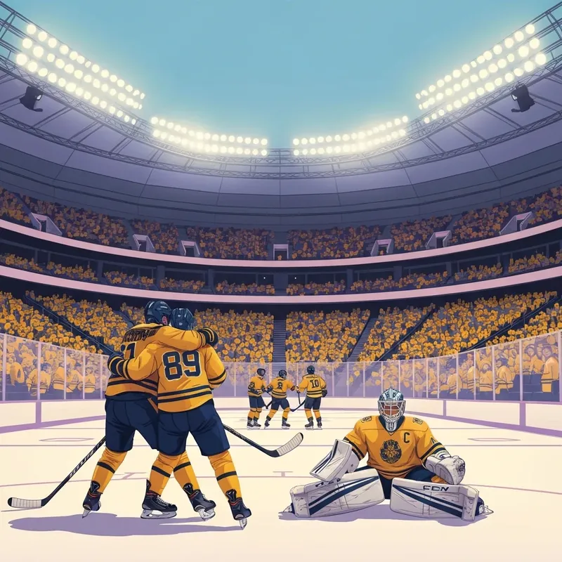 A dramatic moment during the predators vs golden knights hockey game with fans in gold jerseys.