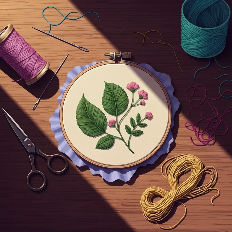 A close-up of a completed Introduction to Botanical Embroidery piece showcasing intricate leaf textures and natural colors.