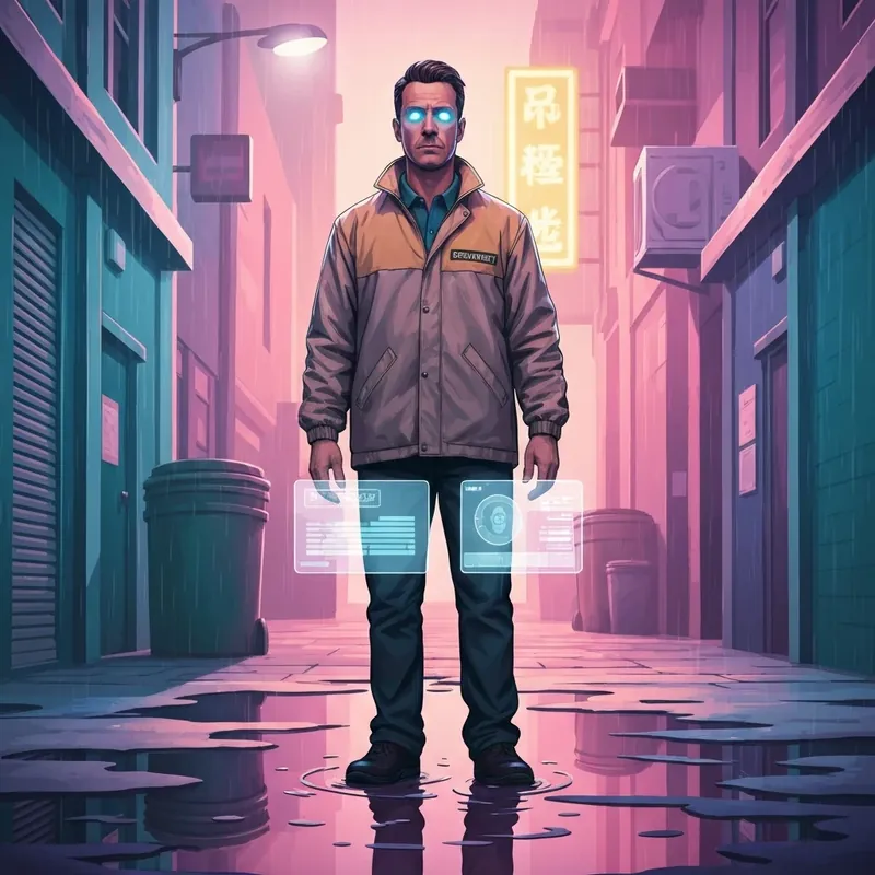 The protagonist of Rising From A Delivery Boy standing in a rainy alley with a glowing digital system.
