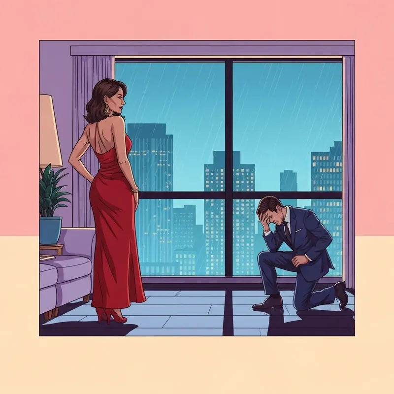 A cinematic scene depicting the alternate ending of The Return of the Billionaire's Scorned Ex-Wife with Madeline standing strong against a rainy city backdrop.