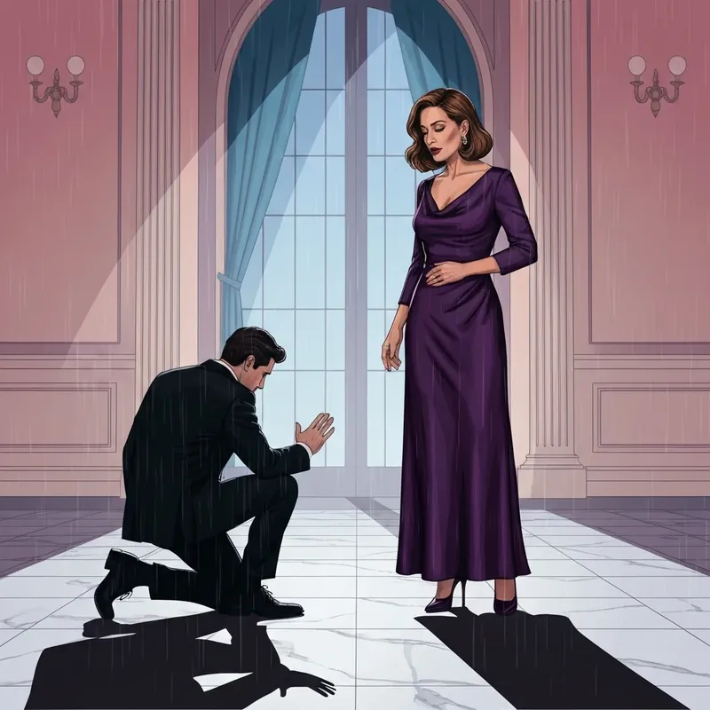 A powerful woman looking down at a kneeling man, capturing the emotional climax of They Wanted Her Gone, Now They Kneel.