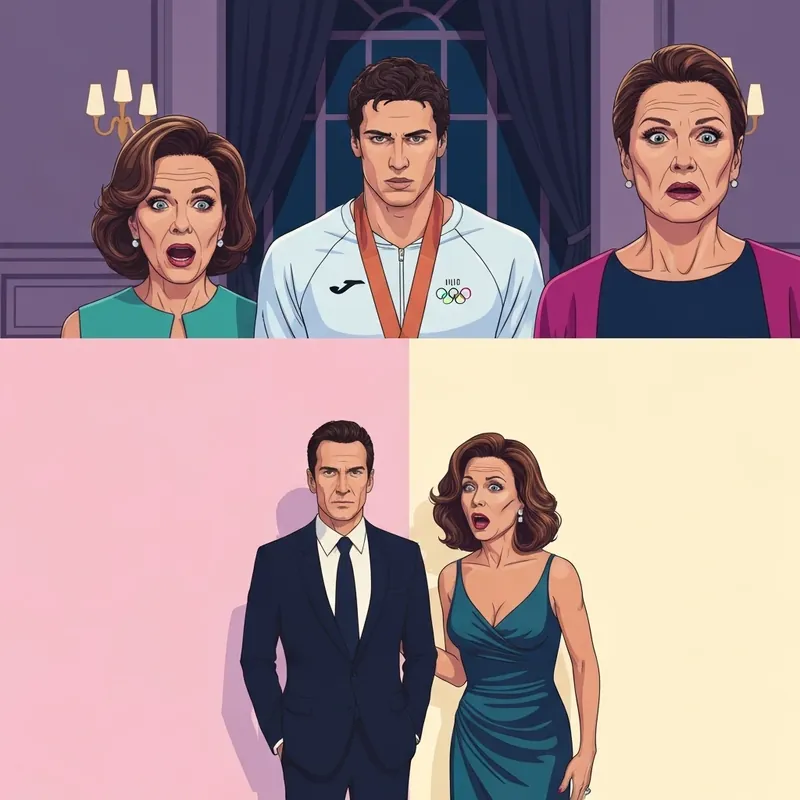 A dramatic scene of an Olympic swimmer and a young woman at a gala dinner, Wait what?! My gold swimmer boyfriend is my stepbrother book cover mood.