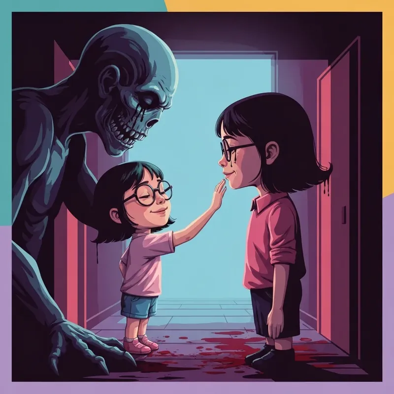 A Highly Myopic Girl's Brave Adventure In A Horror Game concept art showing the MC comforting a shadow monster.