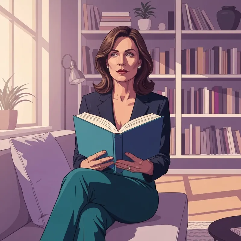 Quality Reading For Adult Women - A woman reflecting on a literary novel in a quiet, modern library setting.