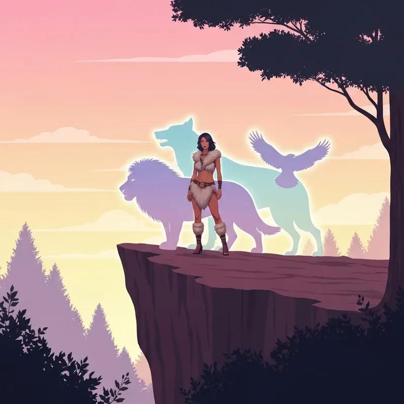 The Ultimate Beast World Glow-Up protagonist with her three shapeshifter protectors in a primitive landscape.