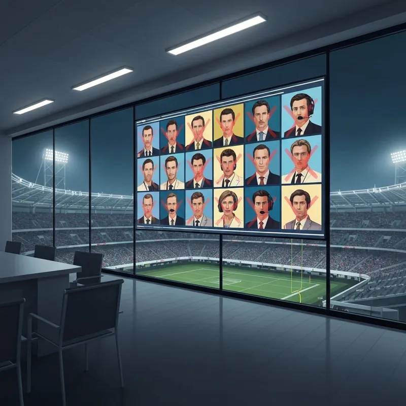 A digital display showing Available NFL Coaches with red marks over faces in a dark, cinematic stadium setting.