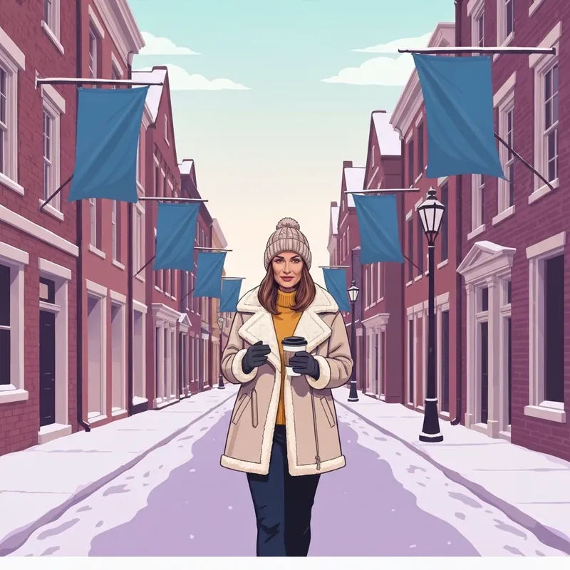 A stylish woman in a heavy winter parka and a wool beanie standing on a snowy mountain town sidewalk during the Sundance Film Festival.