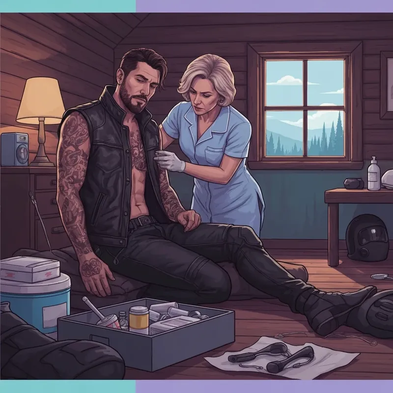 A dramatic scene from Combust: A Devil Chaser's MC Romance showing a nurse healing an injured biker.
