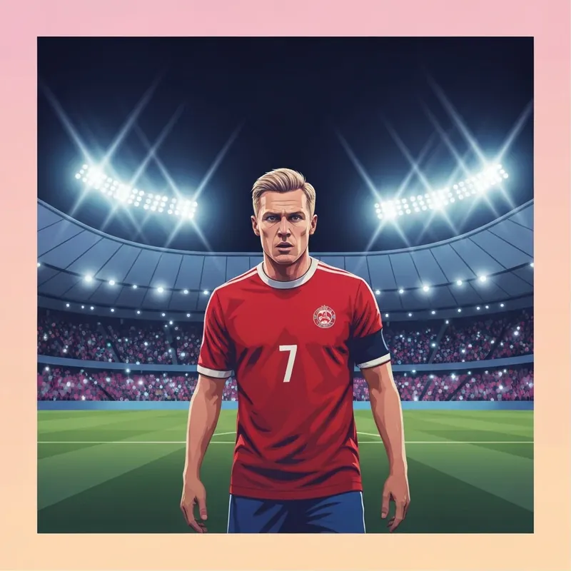 A professional male soccer player in a red and white jersey stands under bright uefa champions league stadium lights at night.