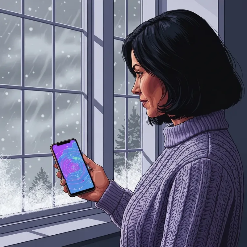 A woman looks anxiously at a weather forecast on her phone as a purple winter storm radar appears on the screen.