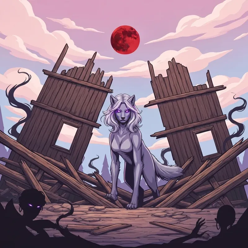 A cinematic depiction of the heroine from Rejected by Blood and Pack standing triumphantly during a blood moon.