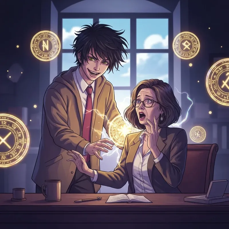 Academy's Pervert in the D Class Lor and Miss Silvia magical breakthrough scene in a dark academy office.