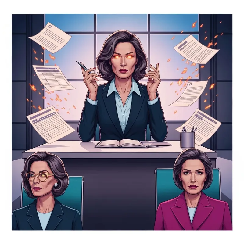 The protagonist of They Called Me the Freaking Rulebot looking powerful in a corporate setting.