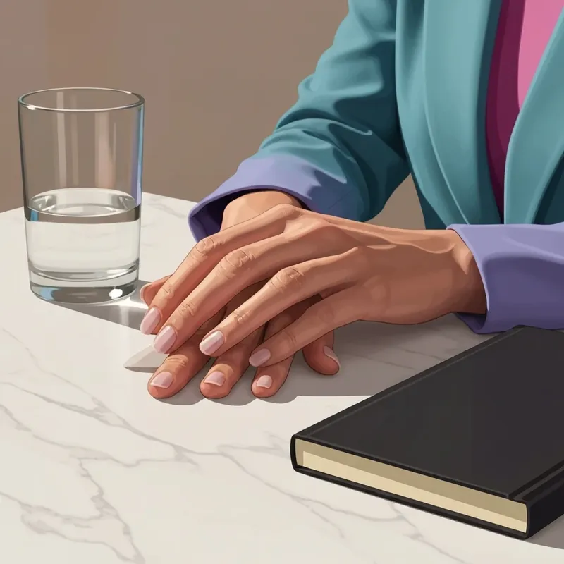Close-up of a well-manicured hand with white patches on my nails resting on a marble desk in soft sunlight.