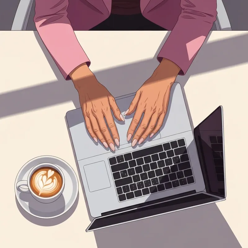 A professional woman with a perfect neutral set of nails typing on a laptop, demonstrating how often should i get a manicure for a polished look.