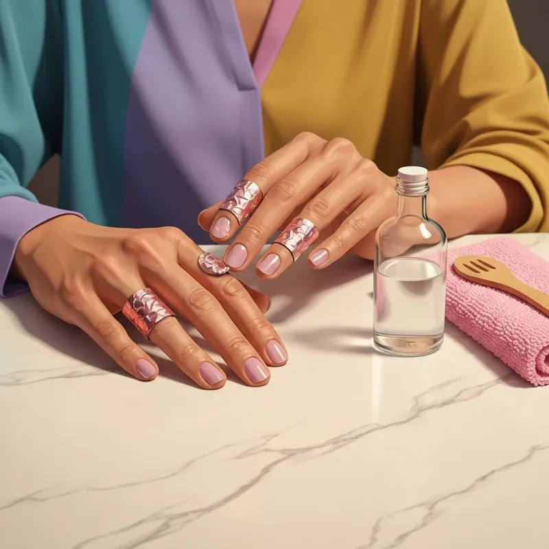 A woman demonstrating how to remove gel nail polish at home using professional foil wraps and a pure acetone soak on a marble vanity.