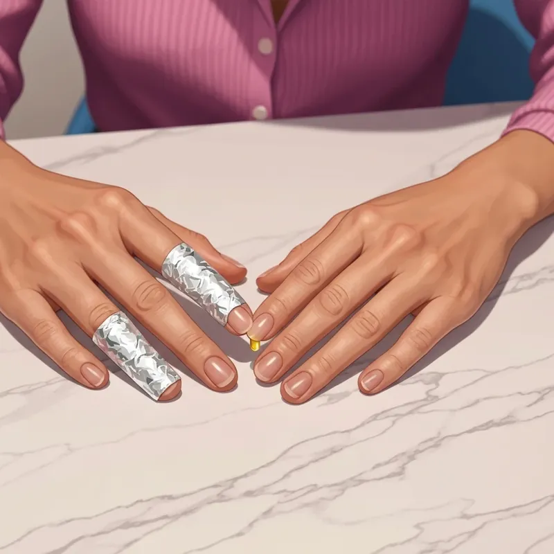 A step-by-step visual of how to remove acrylic nails at home using the foil wrap method and cuticle oil for recovery.
