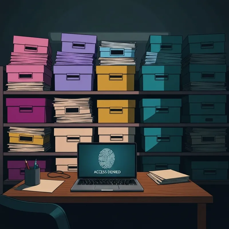 A dark archive room representing the secrecy of the Jeffrey Epstein files release with redacted documents.