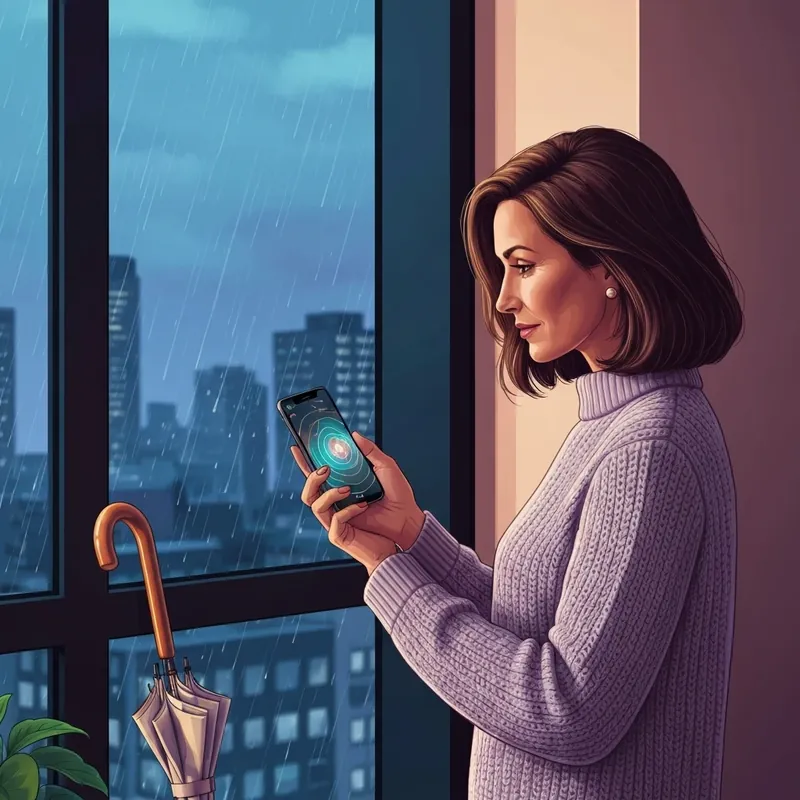 A woman checking the weather channel on her phone to plan her evening in a rainy city.