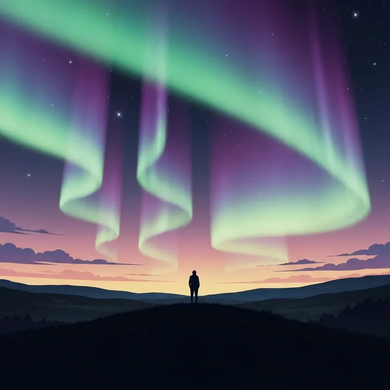 A person watching the vibrant green and purple northern lights tonight during a geomagnetic storm.