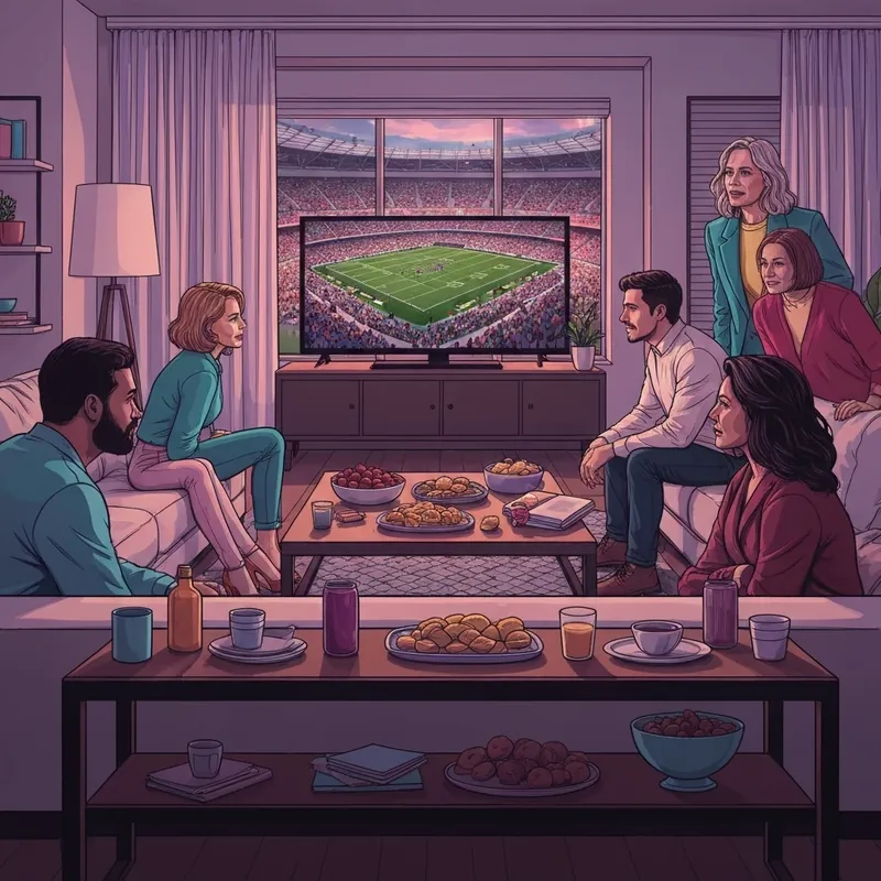 A group of friends intensely watching an espn college football game in a cozy apartment.