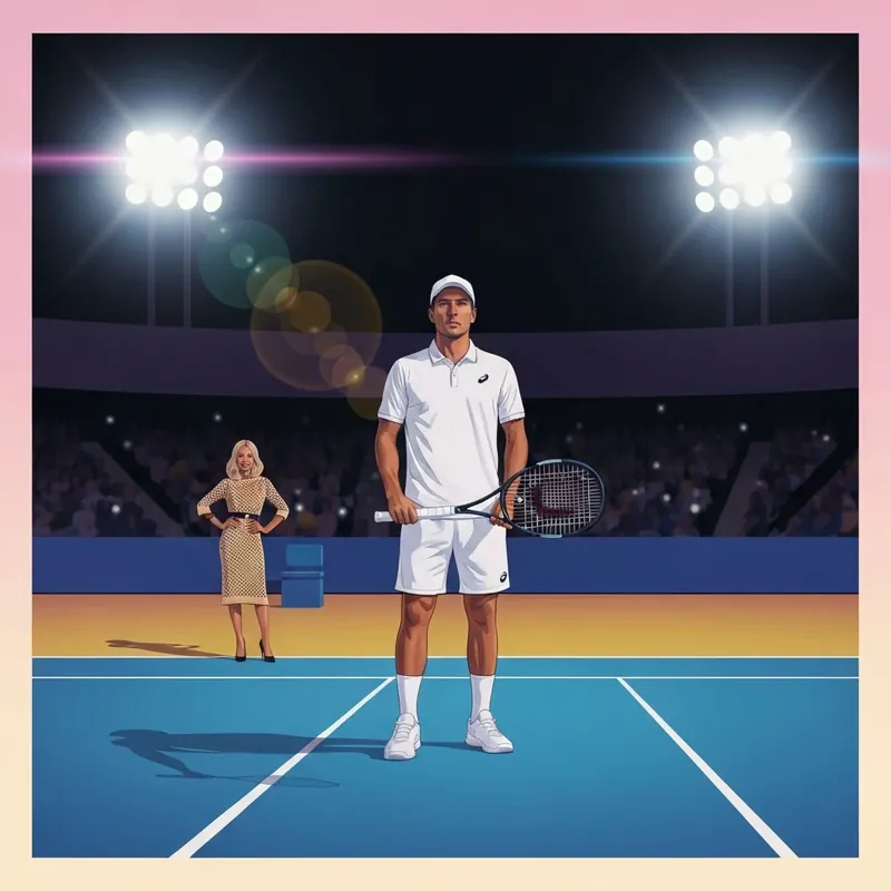 Professional tennis player Taylor Fritz on a blue hard court during a high-stakes match.